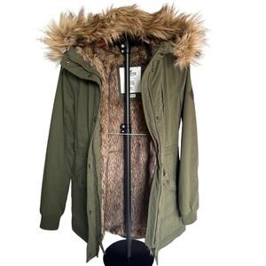 Hollister Green Hooded Parka Coat Faux Fur Lined Drawstring Waist Mid-Length XS